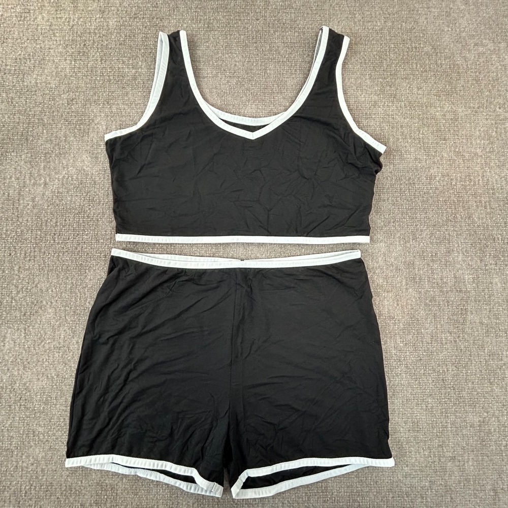 Commense Contrast Trim Snug Shorts 2 Piece Set Womens XL Black Stretch Slim Fit
